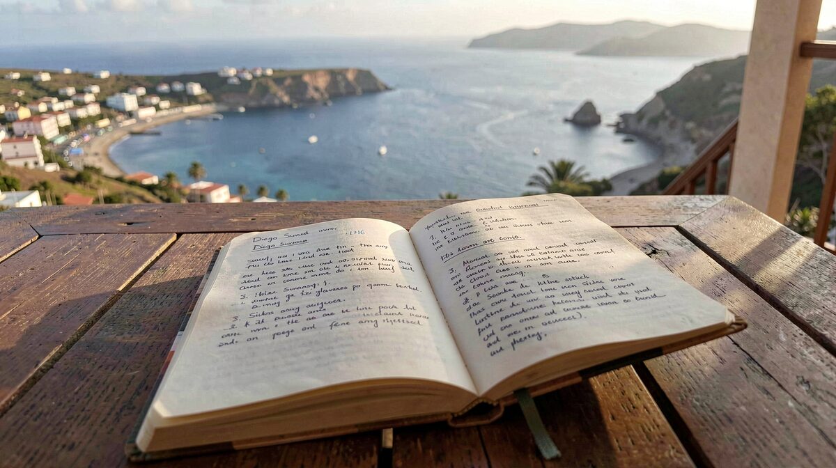 Un carnet ouvert sur une table en bois véranda face à la baie de Diego Suarez, lumière de fin d'après-midi, cadrage rapproché sur les pages annotées.