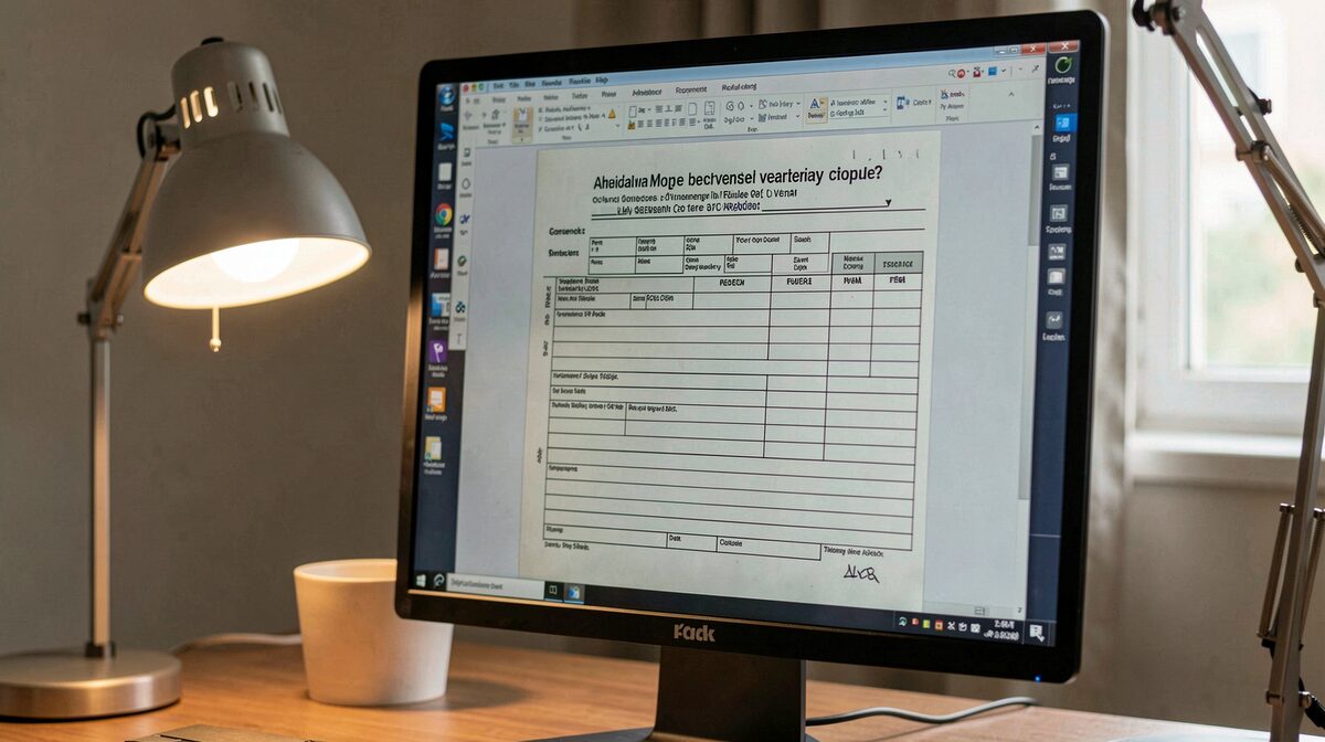Un écran d'ordinateur affichant un formulaire vétérinaire archivé, dans une pièce éclairée par une lampe de bureau, cadrage rapproché sur les lignes du document.