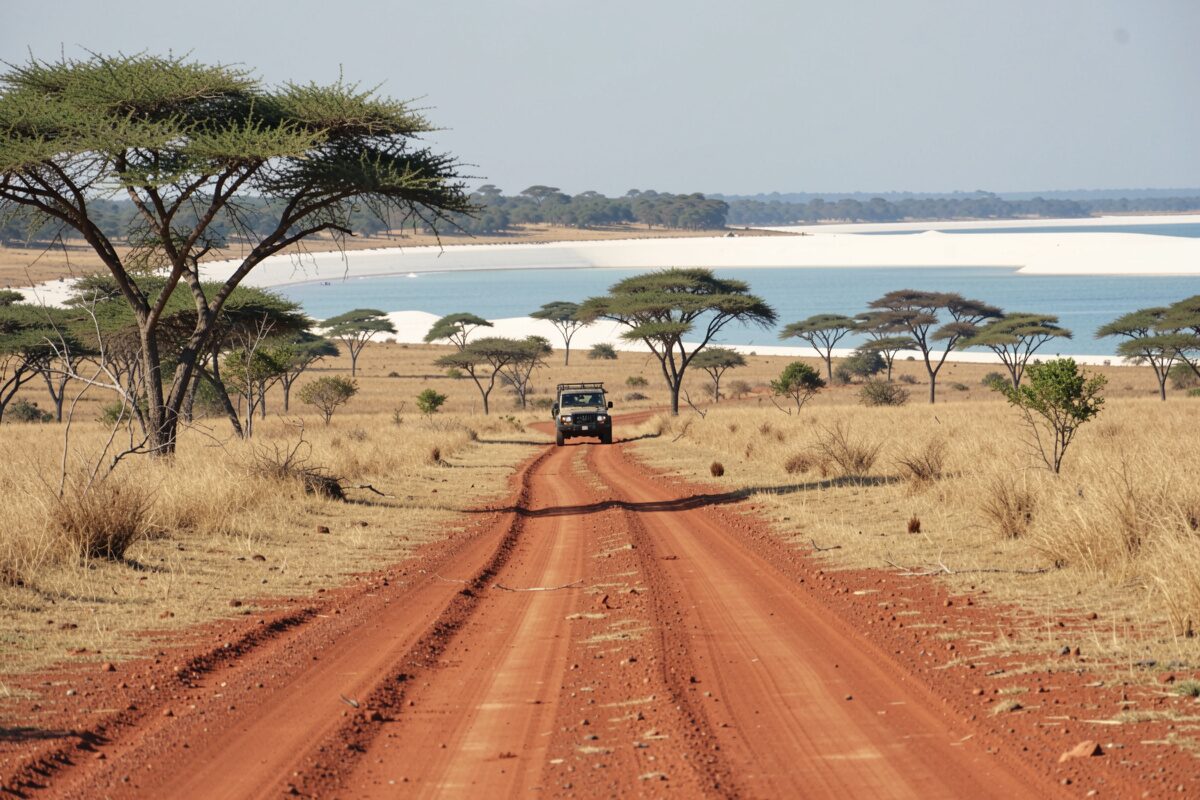 Une piste de sable longeant une baie sauvage, dunes blondes, océan Indien au loin, un 4x4 solitaire sur la trace.