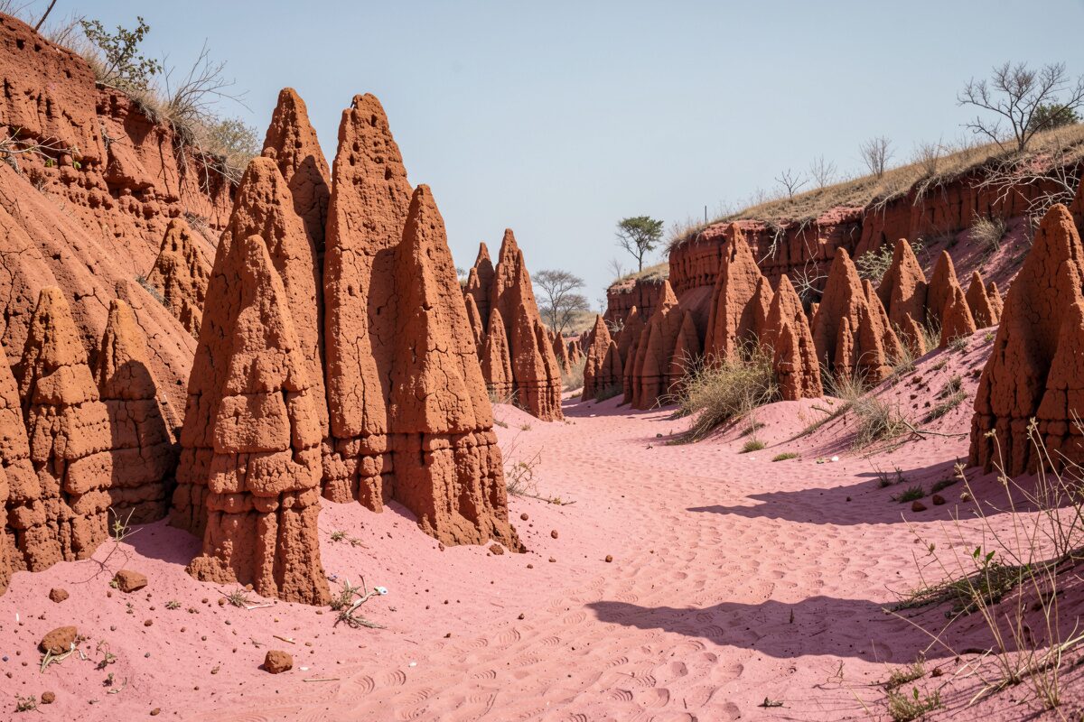 Des cheminées de latérite rouge vif érodée en cirque, ciel bleu, sol de sable rose, quelques arbres secs sur les crêtes.