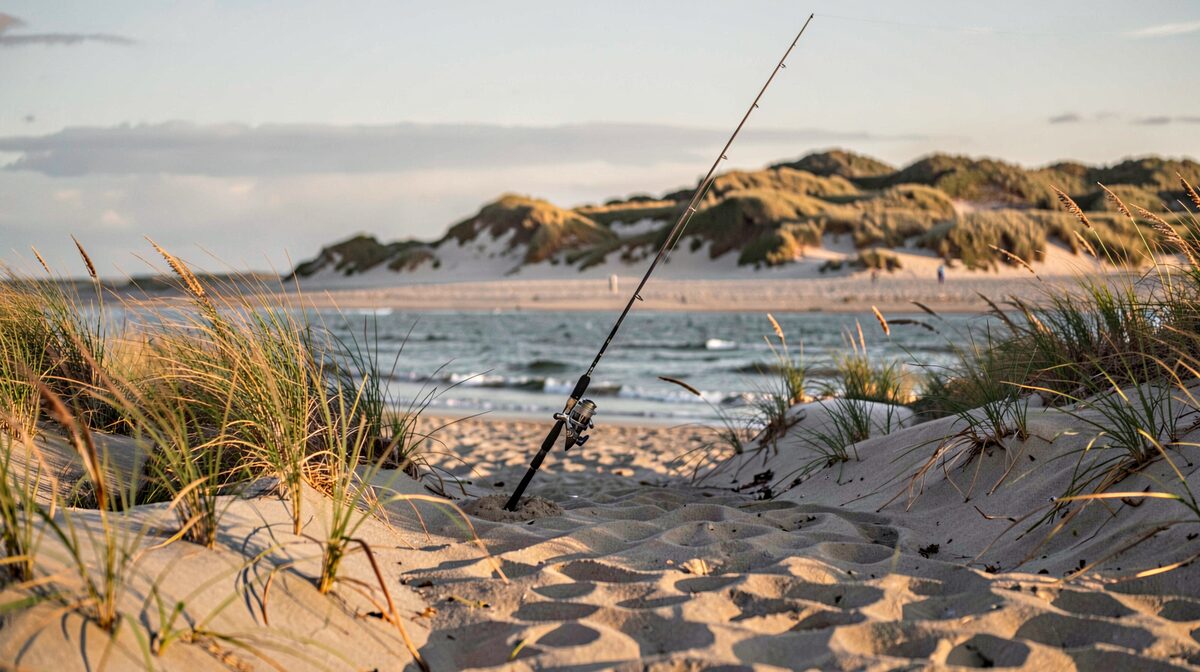 Une plage de sable nordique au petit matin, une canne plantée dans le sable face à une mer grise, dunes et prairie salée en arrière-plan, lumière rasante et vent visible dans l'herbe.