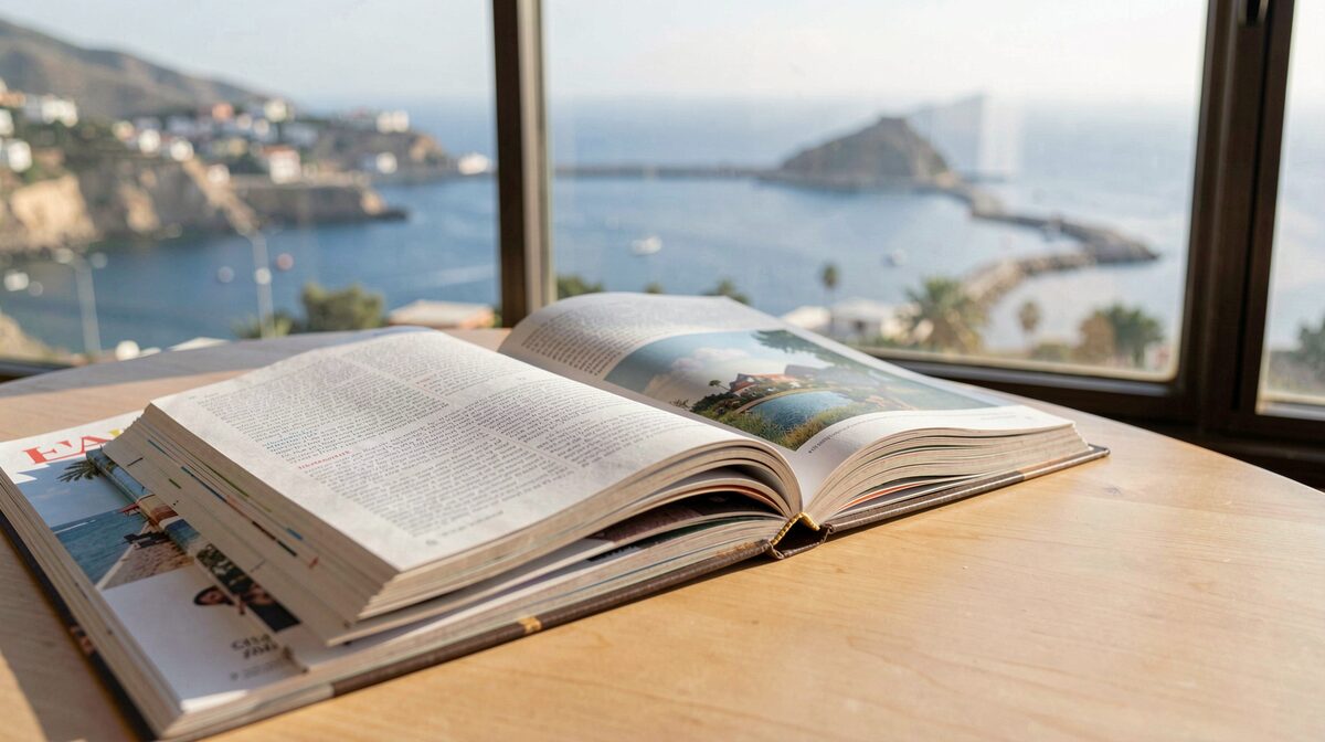 Une pile de magazines ouverts sur une table en bois clair, près d'une fenêtre donnant sur la rade de Diego, lumière du matin, cadrage rapproché sur la page de gauche.