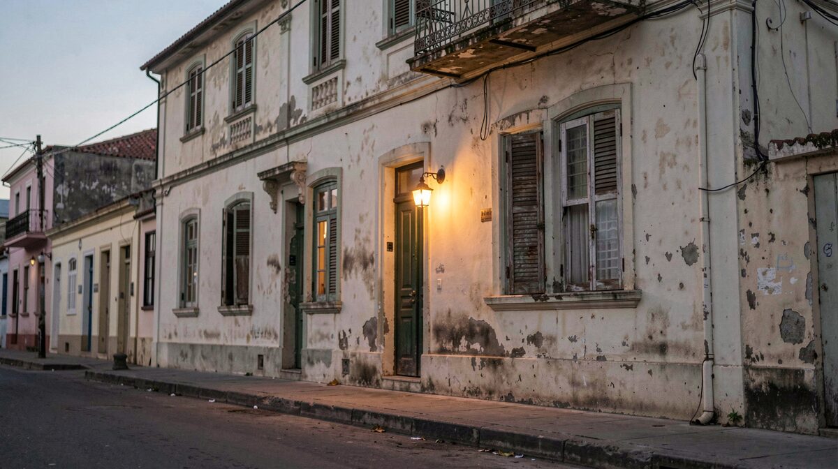 Une pension de famille ancienne au crépuscule à Diego Suarez, façade coloniale éclairée par une lampe à la fenêtre du rez-de-chaussée, cadrage léger en contre-plongée depuis la rue.
