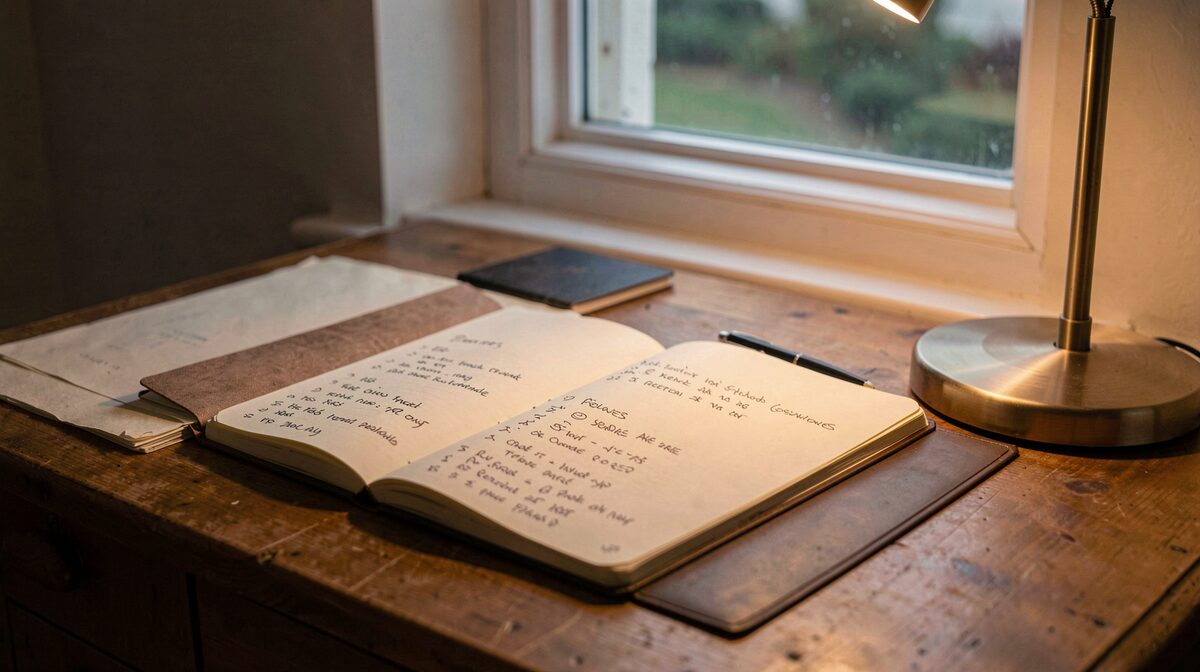 Sur une table de travail en bois près d'une fenêtre, un carnet ouvert avec des listes manuscrites, une lampe de bureau allumée en fin d'après-midi, cadrage rapproché.